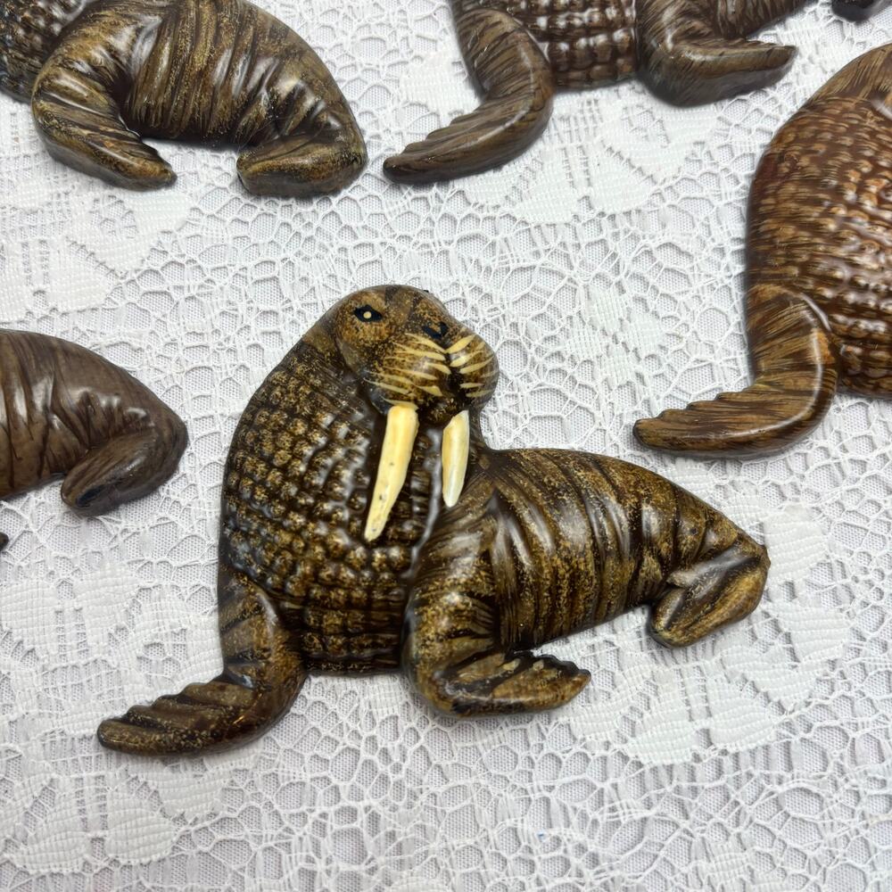 Set of 5 Vintage Walrus Refrigerator Magnets Brown Faux Carved Nautical Decor